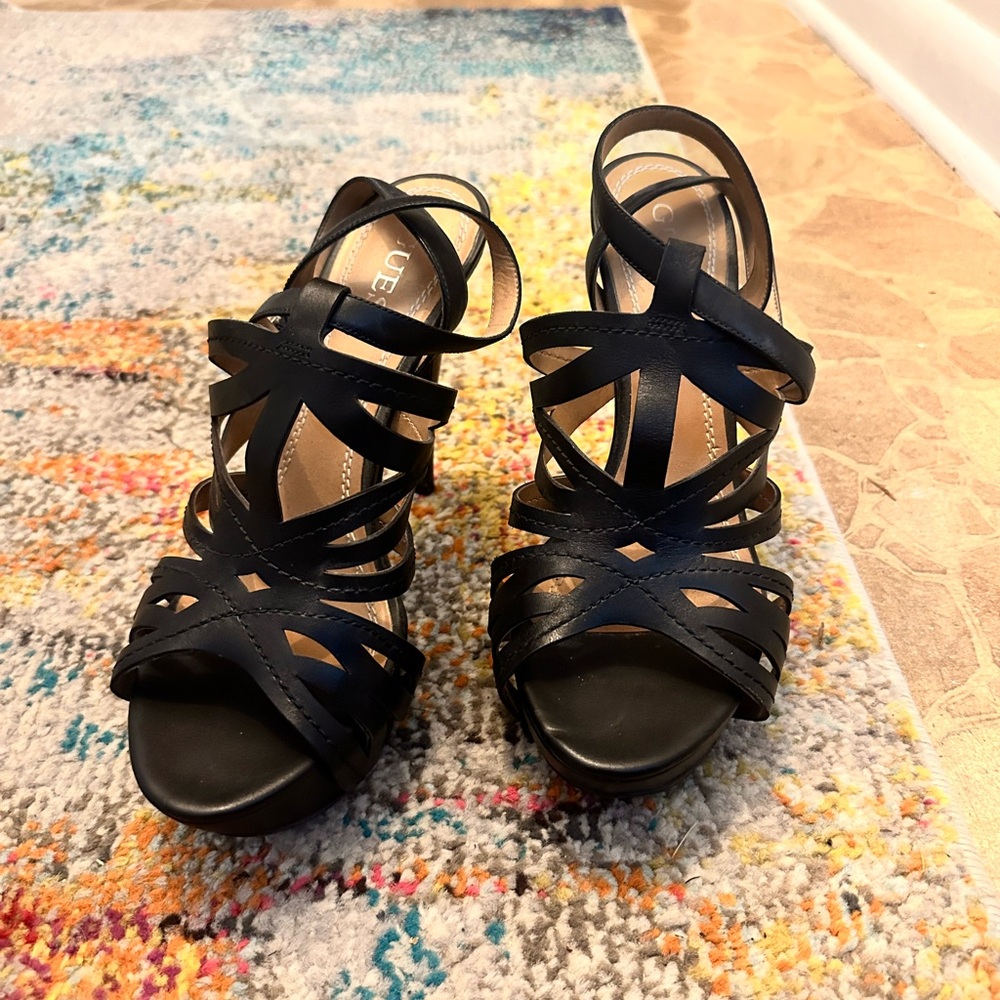 Guess Gwoliane Leather Black Strappy Heels